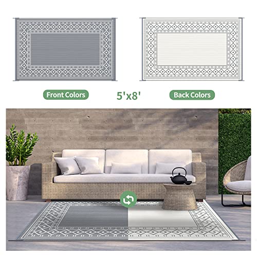 Image of GENIMO Outdoor Rug 5' x 8' Waterproof for Patios Clearance, Reversible Outdoor Plastic Straw Area Rug Outside Carpet, Large Camping Rug Mats for RV, Backyard, Deck, Balcony, Porch, Picnic, Grey&White