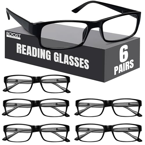 Boost Eyewear 6 Pack Reading Glasses, Traditional Black Frames, for Men and Women, with Comfort...