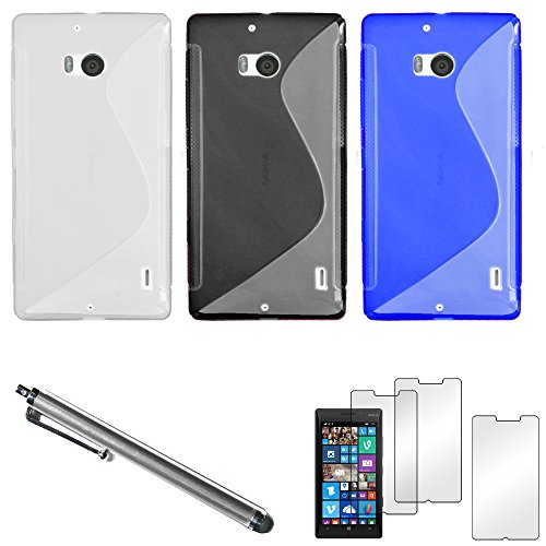 ebestStar   Pack x3 Funda Compatible con Nokia Lumia 930 Carcasa Gel Silicona Motivo S línea, S Line Case Cover + Lápiz +3 Peliculas, Transparente, Negro, Azul [Aparato: 137 x 71 x 9.8mm, 5.0'']