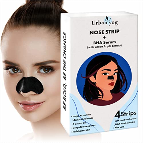 Image of Urban Yog Nose Strip for Blackheads & Whiteheads Removal (4 Strips) + BHA Serum | Charcoal Pore Strips for Nose, Blackhead Remover, Deep Cleansing, Acne Control, Oily Skin, Clear Skin