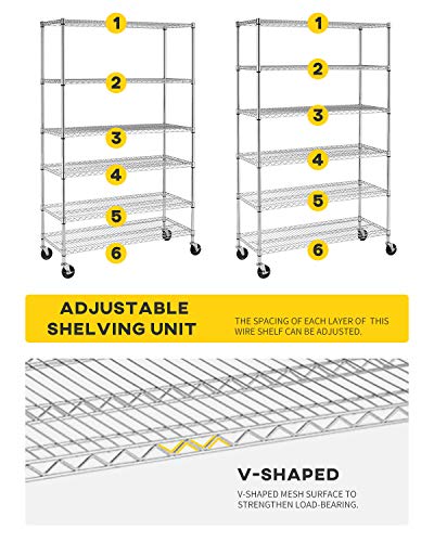 Image of BestOffice | 6-Tier Wire Storage Shelves with Wheels | 18x48x78 | Chrome | Adjustable Racks | Heavy-Duty Metal Shelf, Holds Upto 600 lbs | No-Tool Assembly | Ideal for Home & Garage Shelving