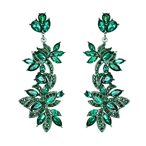EVER FAITH Boucles d'oreilles Pendantes Cristal Strass Émail Floral Plomb Lustre Art Déco Style Vintage Vert Ton d'argent Cover
