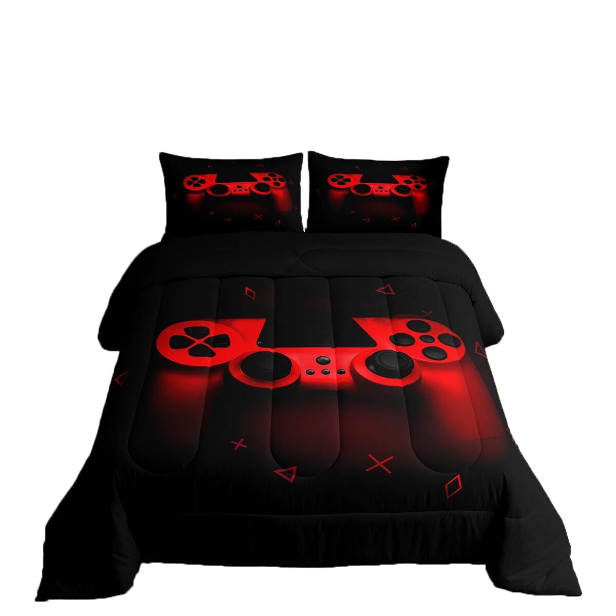 Boys Gamer Comforter Set Twin Size,Gamepad Bedding Set Kids Young Man Video Games Down Comforter for Teen Child Game Room Decor Black Red Classic Retro Gaming Quilted Duvet Set with Pillowcase