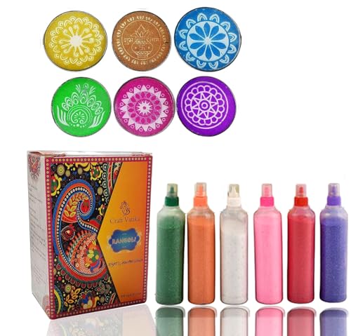 Floor Decoration Kit for Diwali Rangoli Making Kit Set of 6 Color Powder Bottle with 6 Net Stencil for Onam Pongal Home Decorations