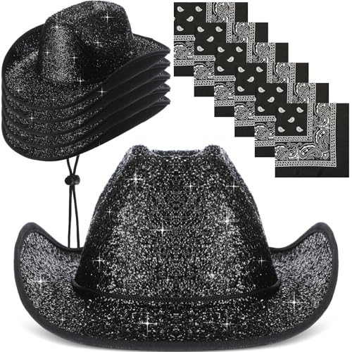 Image of Coume 12 Pcs Sparkly Adults Cowboy Hat and Bandanas Women Men Western Glitter Cowgirl Party Hats with Adjustable Drawstring