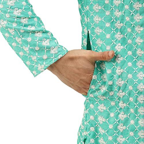 Image of SOJANYA (Since 1958 Men's Silk Blend Light Green Kurta & Nehrujacket with White Pyjama Combo