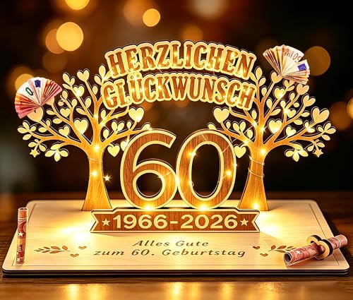 Giftota - 2026 Originelle Geldgeschenk zum 60. Geburtstag Frauen & Männer - 60 Geburtstaggeschenk - DIY Holz-Schild Gästebuch mit LED Lichterkette - 60 Geburtstag Deko - Personalisierbares Geschenk