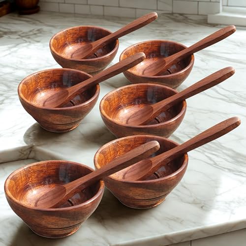 Image of Sheesham Wooden Serving Bowls with Spoons - Set of 6 | Multipurpose Small Bowls for Snacks, Spices, Chutney, Pickles, Kitchen & Dining Use