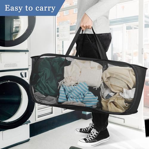 Image of Pop Up Laundry Hamper Mesh Laundry Basket, Collapsible Popup Hamper Dirty Clothes Basket with 3 Compartments, Side Pocket, Carry Handles for Home, Dorm, Bathroom, Bedroom, Travel-Black