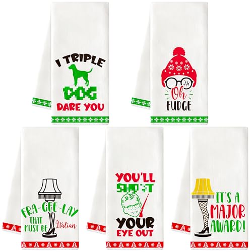 Christmas Kitchen Dish Towel Sets - 5Pcs Christmas Dishcloths Absorbent Quick Dry Cloth Dish Tea Towels Funny Bar Reusable Hand Towels for Xmas Winter Holiday Bathroom Kitchen Home Decors