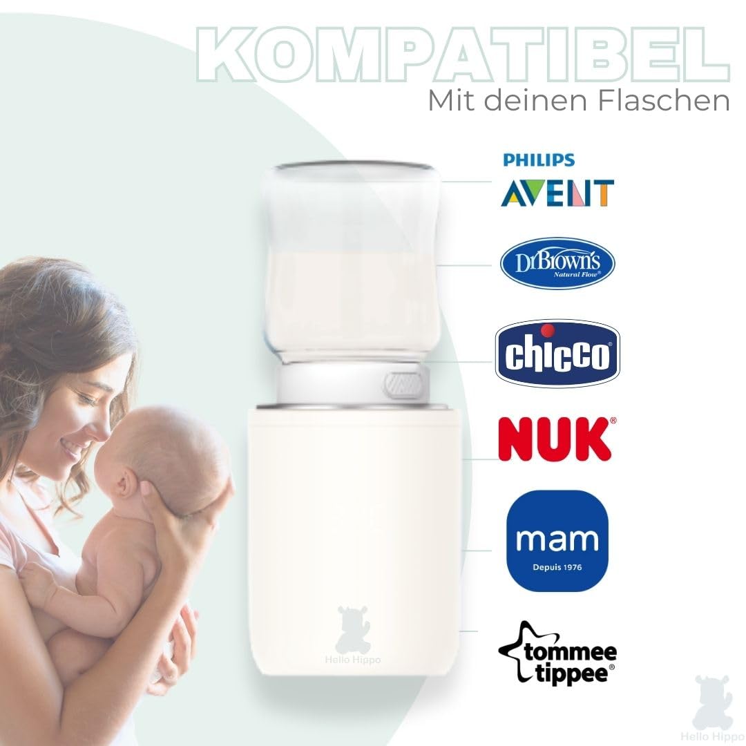 Hello Hippo - Kompakter und tragbarer Flaschenwärmer: USB-C wiederaufladbar, auslaufsicher, kompatibel mit Philips Avent, MAM, NUK | 4 einstellbare Temperaturen | schnelles und effizientes Aufheizen