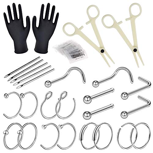 Nose Piercing Kit - Combofix 42Pcs Professional Nose Piercing Kit with 20G 18G Stainless Steel Piercing Needles Piercing Clamps Gloves for Nose Rings Studs Nose Piercing Kit Nose Piercing Supplies