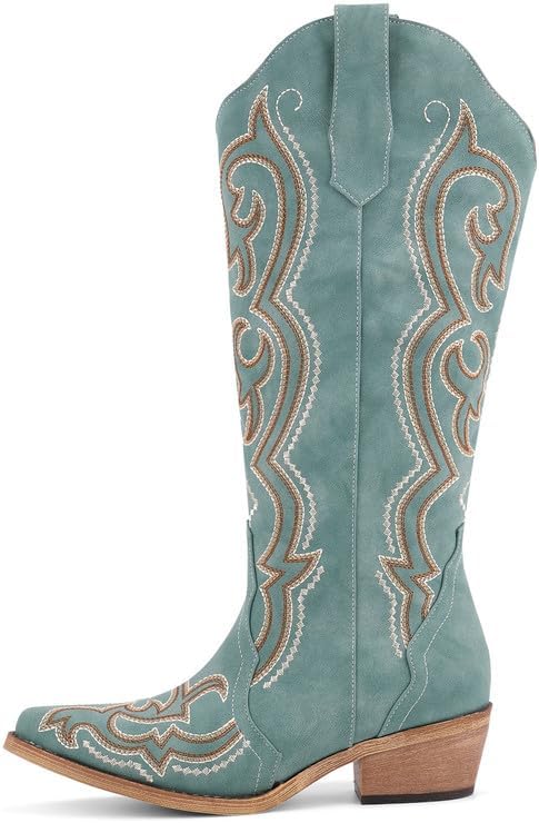 Cowboy Boots For Women Knee High Western Cowgirl Boots Snip Toe Side Zipper Chunky Heel - Image 5