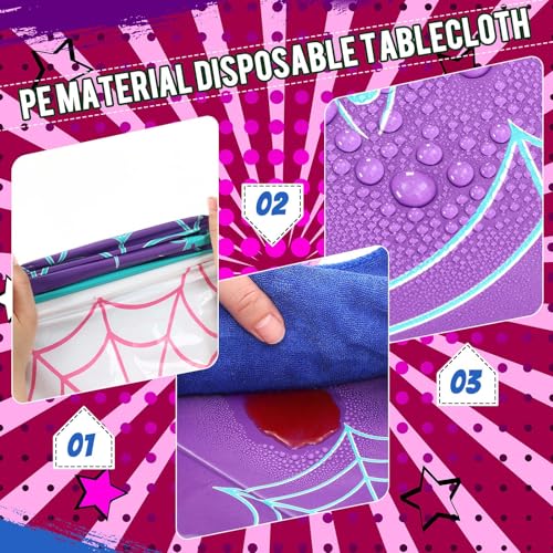 Image of Oudain 3 Pack Spider Theme Birthday Decorations Halloween Purple Black Red Green Pink Web Bat Tablecloth Cartoon Table Cover Party Favor for Birthday(Web,Purple, Black, Red)
