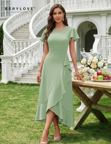 Image of BeryLove Women Formal Party Dress Flutter Short Sleeve Wedding Cocktail Long Evening Dress