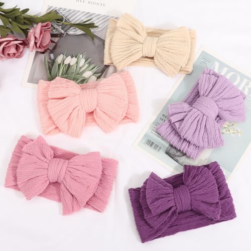 DRESHOW BQUBO Handmade Baby Headbands Soft & Stretchy Hair Bands with Bows Nylon Bows Hairbands for Girls Newborn Infant Toddlers Hair Accessories 5 pack3