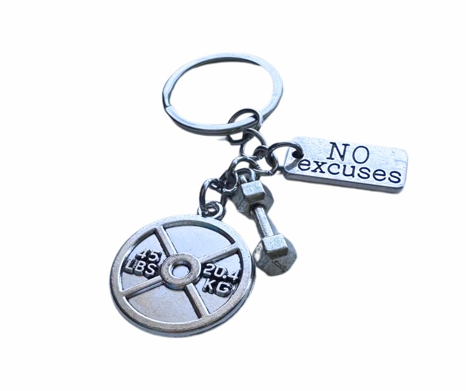 45 Lbs Weightlifting plate Small Dumbbell Motivational tag No excuses Beast Mind Over Matter etc Silver Keychain
