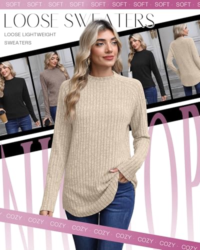 3 Pack Women's Fall Tunic Tops, Long Sleeve Mock Turtleneck Lightweight Sweaters Loose Curved Hem Ribbed Shirts4