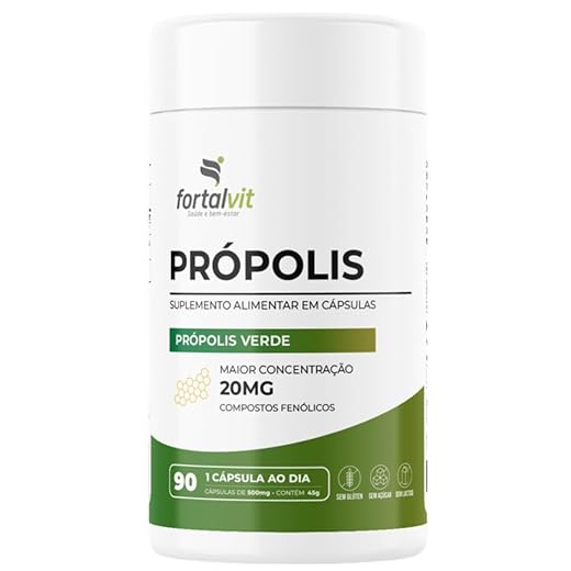 Própolis Verde 20mg 90 Cápsulas, 3 Meses de Uso, Longa Duração, Alto Teor Compostos Fenólicos, Fortalvit