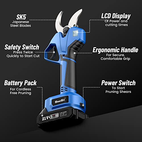 40Mm Electric Pruning Shears, Seesii Cordless Tree Pruner Heavy Duty W/ 2X2.0Ah Rechargeable Battery & Replacement Blade,Power Display,6-8 Working Hours,Power Pruner For Branch Flowering Brushes #TOP6
