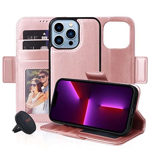 Funda magnética para iPhone 13 Pro folio con soporte de coche dorado rosa