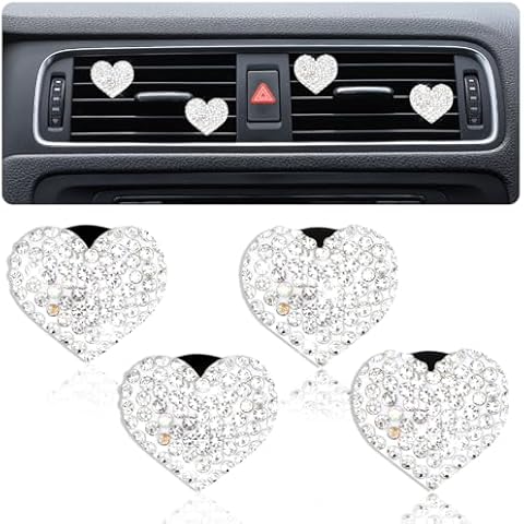 Tyqour 4Pcs Bling Heart Car Air Vent Clips Charms Air Conditioning Outlet Clip Crystal Rhinestone Universal Car Interior Decorative Accessories for Women Girls Cover