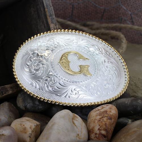 Image of Montana Silversmiths Initial Engraved Gold Trim Western Belt Buckle