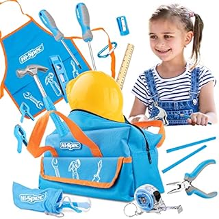 Hi-Spec 18pc Blue Kids Tool Kit Set with Childrens Tool Bag. Real Metal Educational Construction, Not Toys, Tools for Boys & Girls. Includes Costume Work Apron & Play Hat