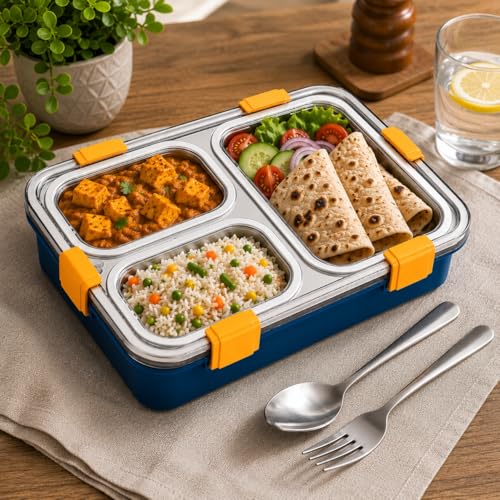 Image of Misamo Enterprise Stainless Steel Lunch Box for Kids & Adults, 3 Compartment Lunch Box, Leak Resistant Food Grade Tiffin Box with Spoon & Fork, BPA Free (Blue)