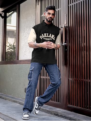 Image of Maniac Mens Printed Polo Neck Half Sleeve Cotton Oversized T-Shirt for Men - Casual Cotton Tee