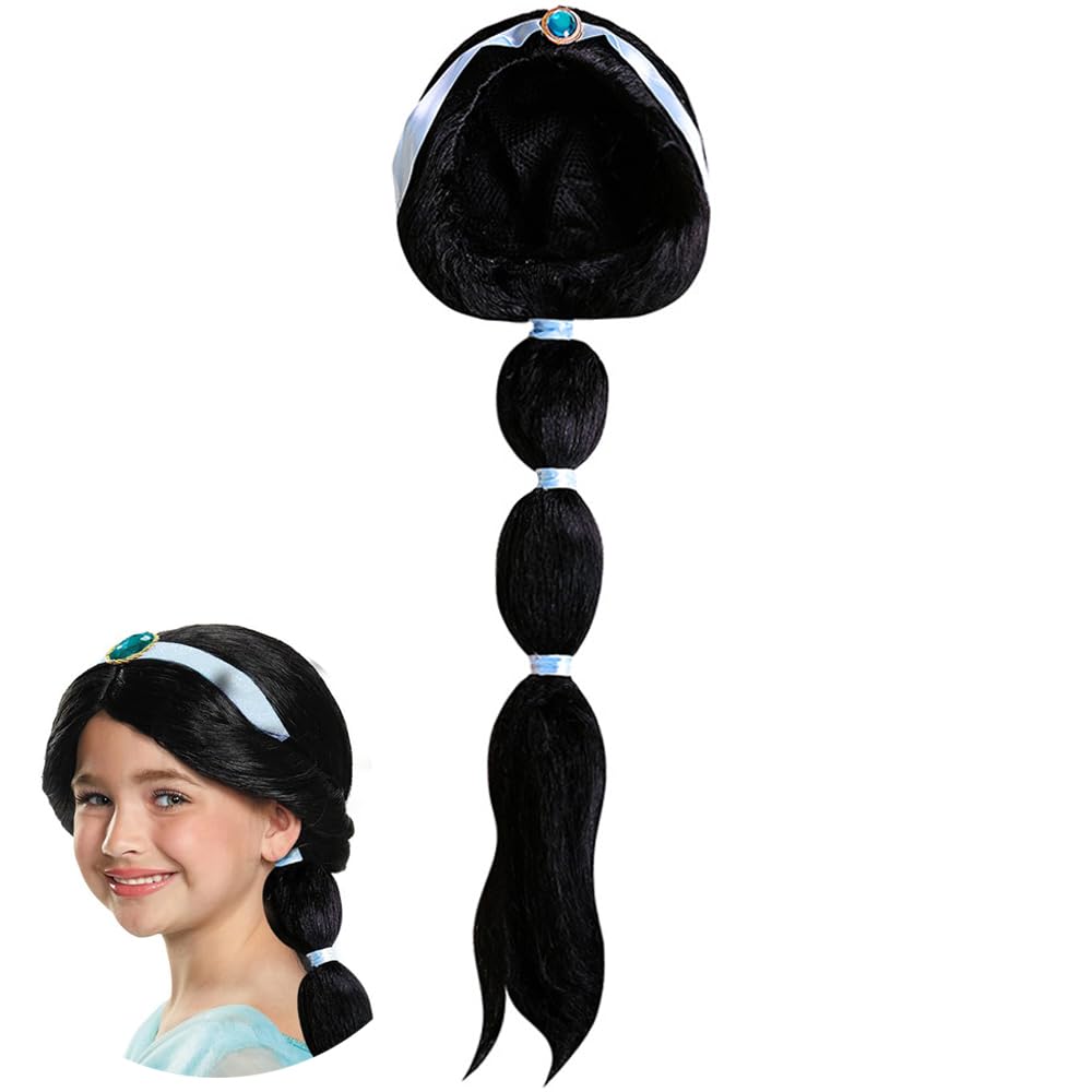 YGCHEN Perruque princesse jasmin pour fille - Accessoire de cosplay - Perruque noire pour Halloween, carnaval, anniversaire d'enfant