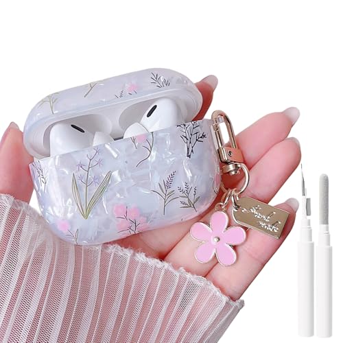 Image of MINSCOSE for Cute Glitter AirPods Pro 2nd /1st Generation Case,Shell Pattern Pretty Flower Design with Trendy Floral Keychain,Soft TPU Protective Cover with Cleaner Kit for AirPods Pro /Pro 2-Colorful