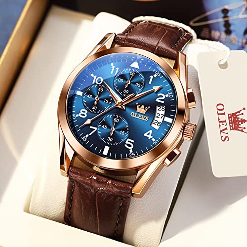 Image of OLEVS Men's Watches Brown Leather with Date,Casual Watches for Men,Large Face Watches Men,Chronograph Mens Watch,Sport Waterproof Business Dress Analog Quartz Men's Wrist Watches Reloj De Hombre