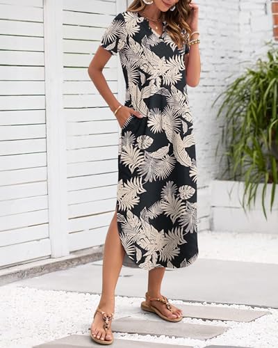 Image of MISFAY Women's Summer Maxi Dress 2026 Casual Short Sleeves V Neck Loose Sundress Split Long Beach T Shirt Dress