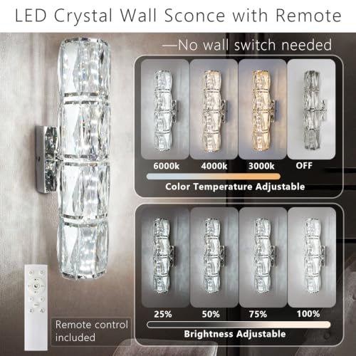 Image of Crystal Wall Sconce Dimmable LED with Remote for Bedroom Bathroom | Hardwired, 2700K-6000K Tunable, K9 Crystal, Chrome Modern Vanity Lighting for Stairway Hallway Bedside