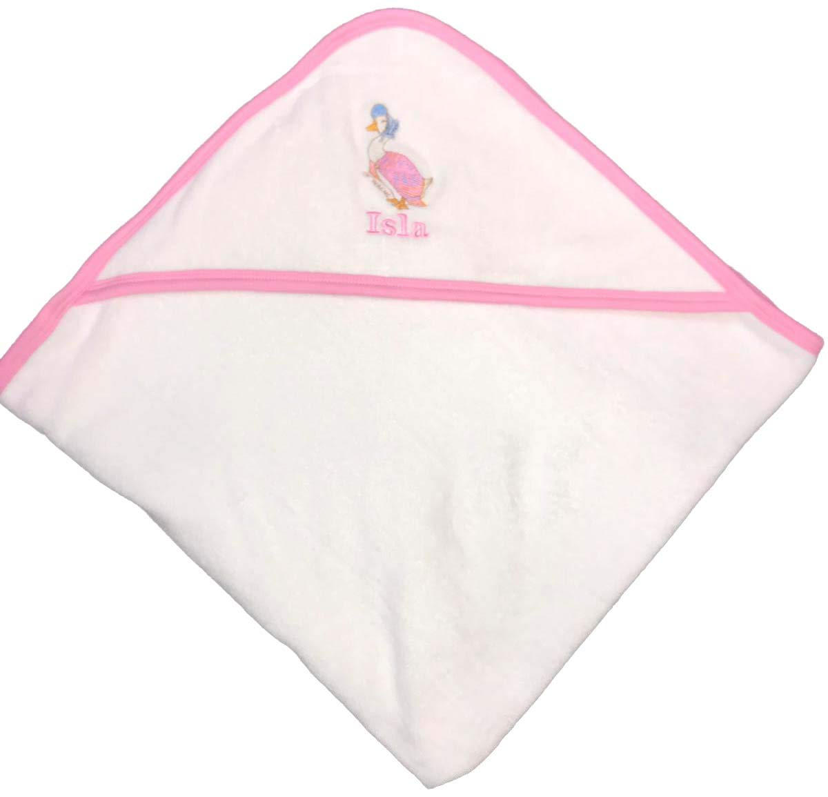 Personalised hooded baby towel Jemima Puddleduck luxury baby bath towel gift for girl baby shower white towel/pink edge