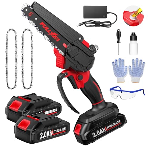 FULLYEA Mini Chainsaw Cordless 6-inch, Electric Chainsaws With 2*2.0Ah Batteries & Chains, Portable Chain Saw Battery Powered, Handheld Small Chainsaw for Branch Pruning, Tree Trimming, Wood Cutting