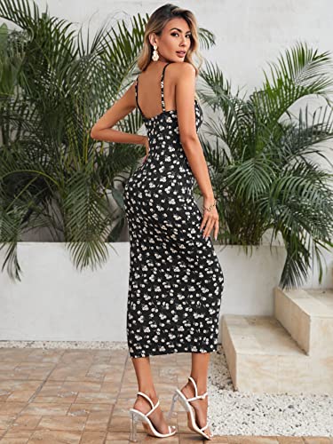 Floerns Women's Floral Print Drawstring Front Sleeveless Cami Midi Dress2