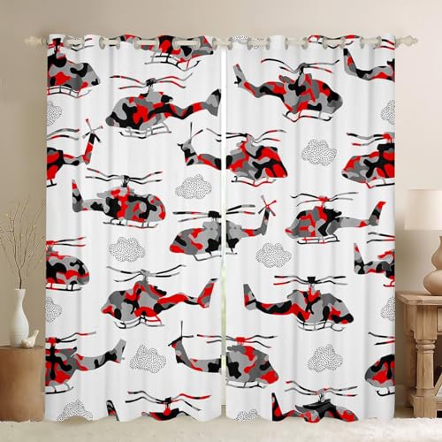Feelyou Cartoon Helicopter Curtains Red Grey Camouflage Window Curtains for Bedroom Living Room for Kids Boys Military Lover Window Drapes Flying Airplane Window Treatments 42W X 84L,2 Panels