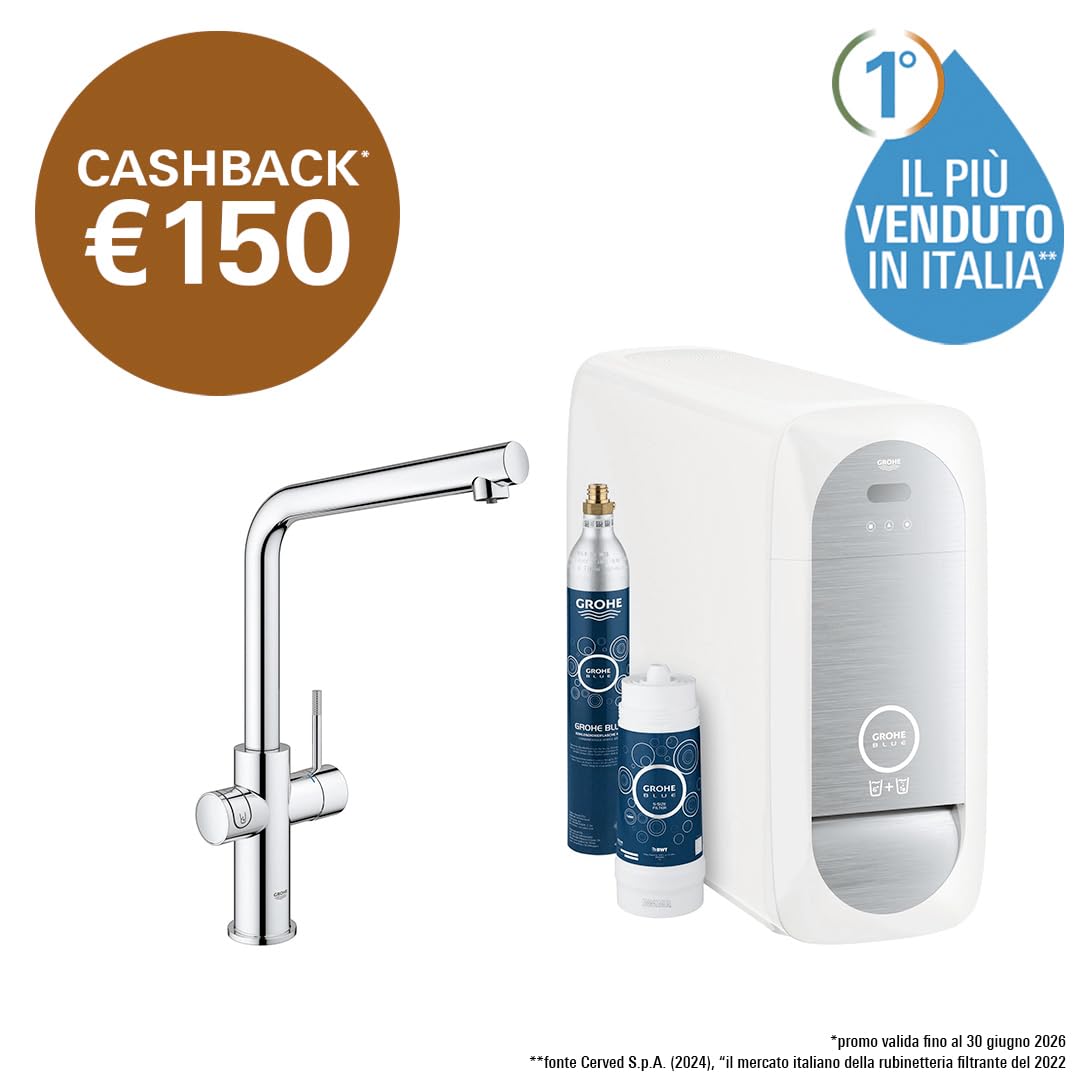 GROHE Blue Home Starter Kit con Rubinetto Filtro Acqua, Bocca L, Acqua Filtrata Refrigerata e Frizzante, WiFi e Bluetooth, Cromo, 31454001