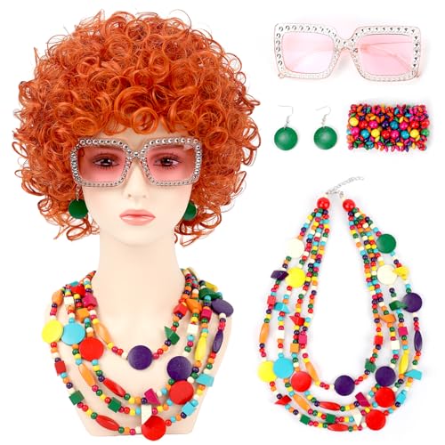 Image of Women Roper Curly Orange Red Cosplay Wig with Necklace Earrings and Sunglasses for Women Hallween Costume Wig