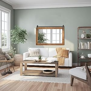 Farmhouse wall mirror 40 x 26 rustic wood framed wall mirrors barn door style large rectangle decorative wall mounted mirror for bathroom living room bedroom entryway brown  urban country home decor