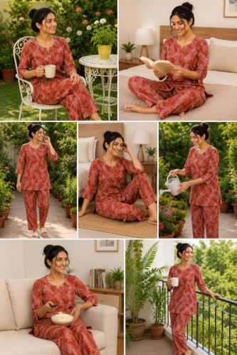 Image of Vlazom Women's Pure Cotton Printed Night Suit Pack of 2 | Soft Breathable Cotton Top & Pajama Set | Half Sleeve Sleepwear & Loungewear | Comfortable Nightwear for Women | Regular Fit