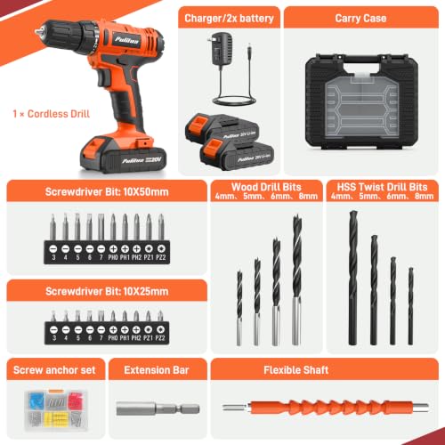 Image of PULITUO 20V Cordless Drill Set, 2 Batteries Electric Screwdriver, 30Nm Power Drill Driver, 21+1 Torque, 2 Speed, 3 /8 inchKeyless Chuck, power Drill with LED Light, Drill Driver Kit for Home (Orange)