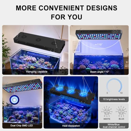 Image of Wills Aquarium Light, 200W Full Spectrum LED Reef Lights, 28 inchx8.5 inchx2.4 inch | For Coral Saltwater Fish Tank, Blue /White Dual Dimmable Channels, 105 Premium SMD LEDs, Daisy Chain Design, Hanging Kit