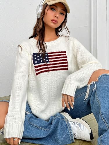 SweatyRocks Women's Flag Pattern Long Sleeve Round Neck Sweater Casual Loose Pullover Sweater3