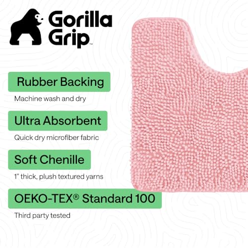 Image of GORILLA GRIP Plush Absorbent Shaggy Chenille Bath Rug Mat for Oval Toilet Base with Rubber Backing, Machine Washable Rugs, Soft Microfiber Contour Mats for Toilets, Bathroom Decor, Lt Pink