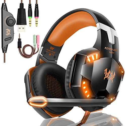 EACH G2000 Cuffie da Gioco Gaming Headphone con Microfono Stereo Bass LED Luce Regolatore di Volume per PC 2 jack (mic e altoparlanti) Arancione