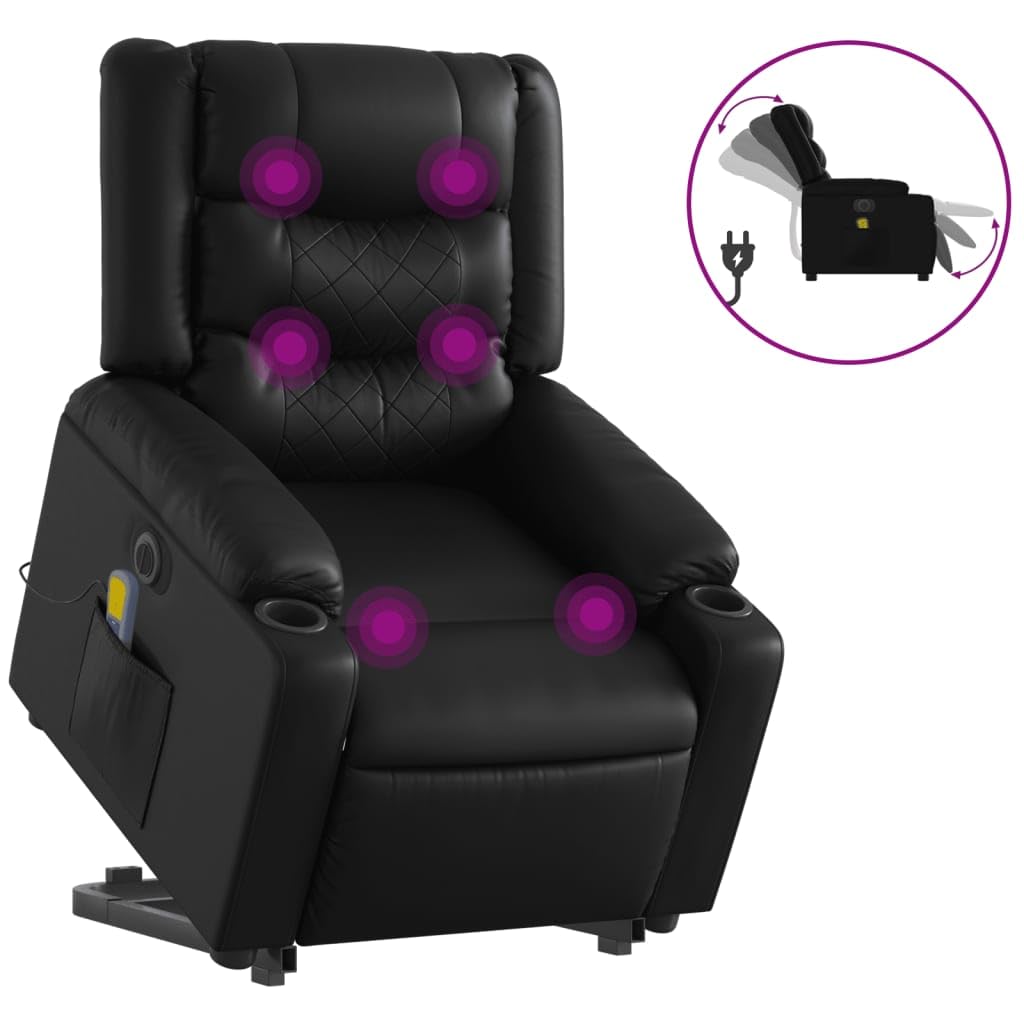 Sillón elevador eléctrico reclinable de piel sintética negra con 6 puntos de vibración y función de elevación automática para un asiento cómodo y relax total