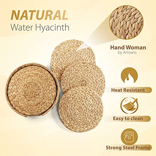 Image of Woven Placemats, 12 inch Round Placemats, Rattan Placemats with Round Holder, Wicker Water Hyacinth Placemats, Round Braided Placemats Set Heat Resistant /Anti-Slip /Durable for Dinner Plate, Kitchen